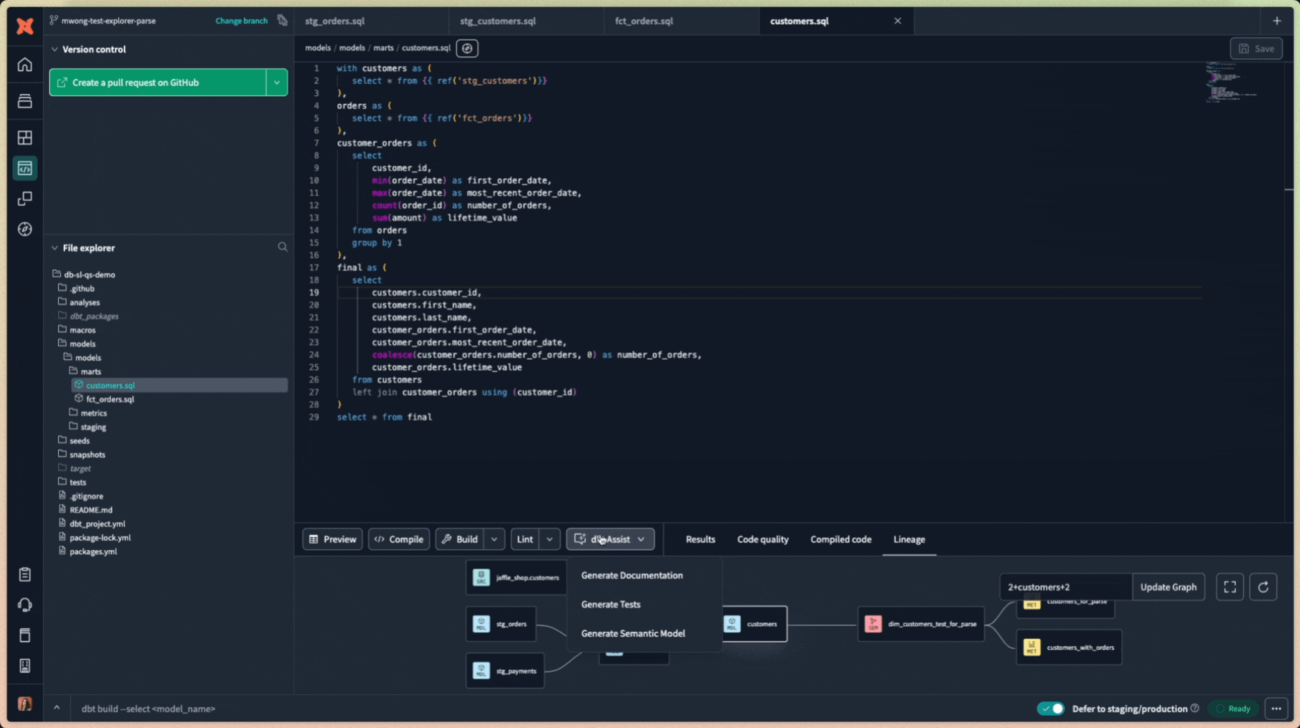 Use dbt Assist, a powerful AI feature, to automatically generate documentation, semantic models, and tests in the dbt Cloud IDE. Use dbt Assist, a powerful AI feature, to automatically generate documentation, semantic models, and tests in the dbt Cloud IDE.